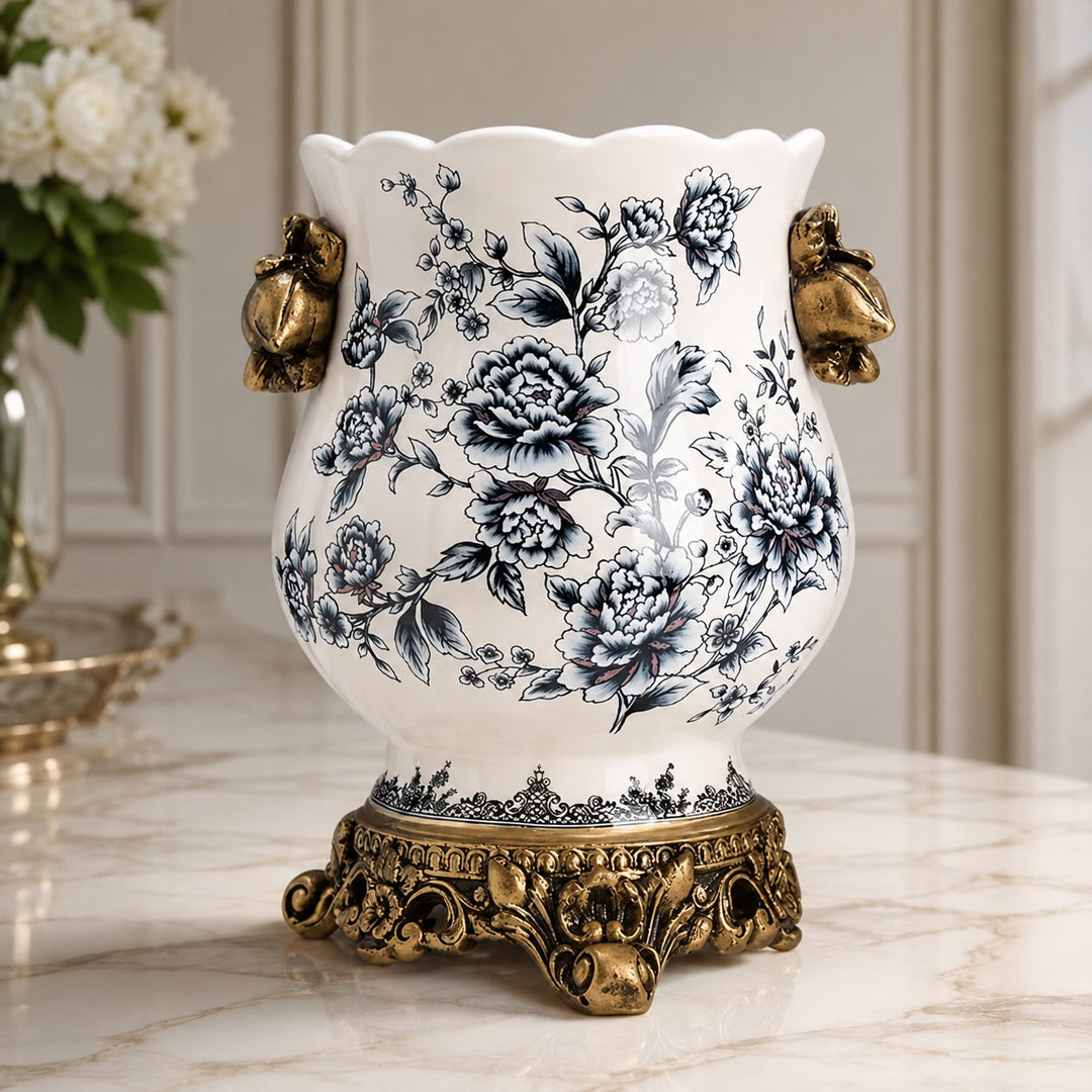 Large White Porcelain Flower Vase with Scalloped Rim and Crackle Glaze for Floral Display