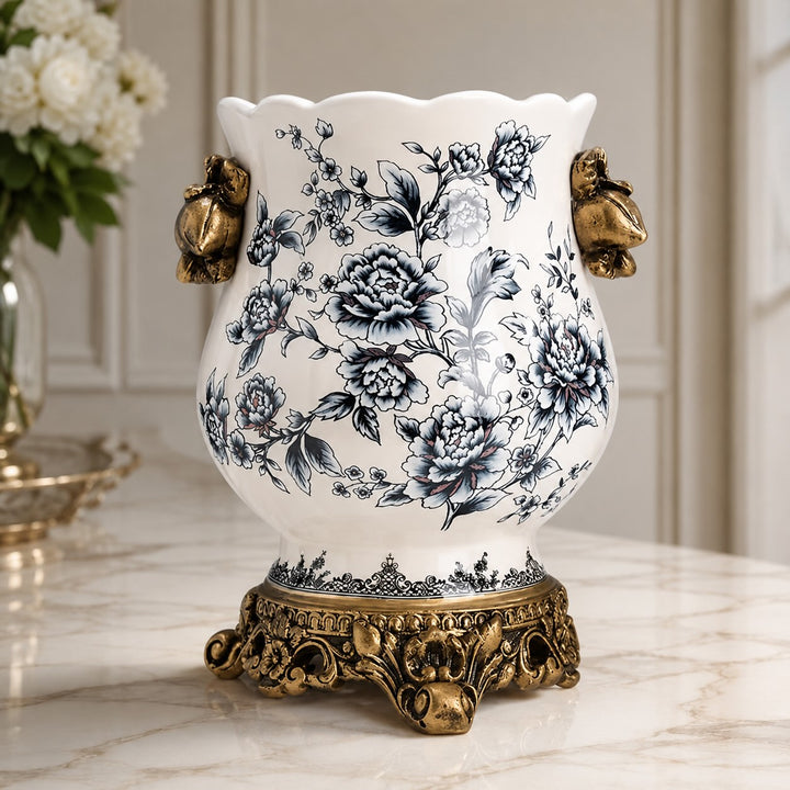 Large White Porcelain Flower Vase with Scalloped Rim and Crackle Glaze for Floral Display