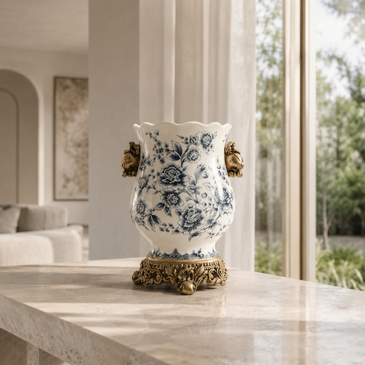 Large White Porcelain Flower Vase with Scalloped Rim and Crackle Glaze for Floral Display