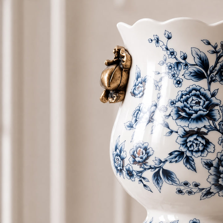 Large White Porcelain Flower Vase with Scalloped Rim and Crackle Glaze for Floral Display