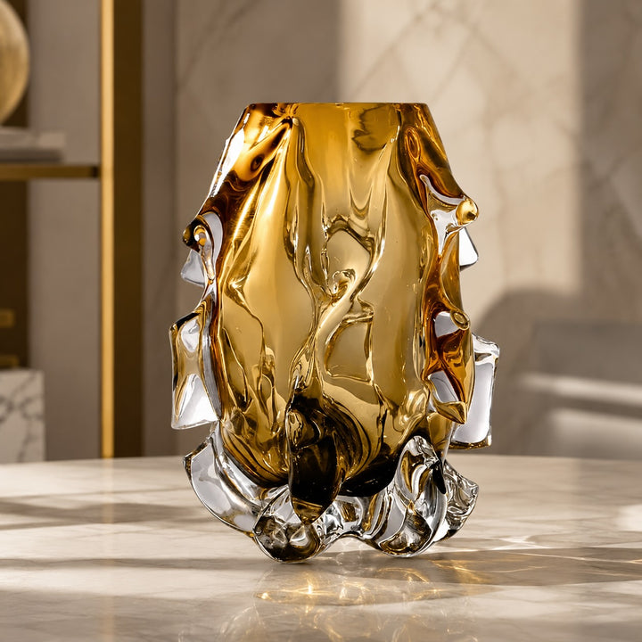 Modern Art Glass Vase Hand-Blown Crystal Decorative Piece Asymmetrical Amber Finish