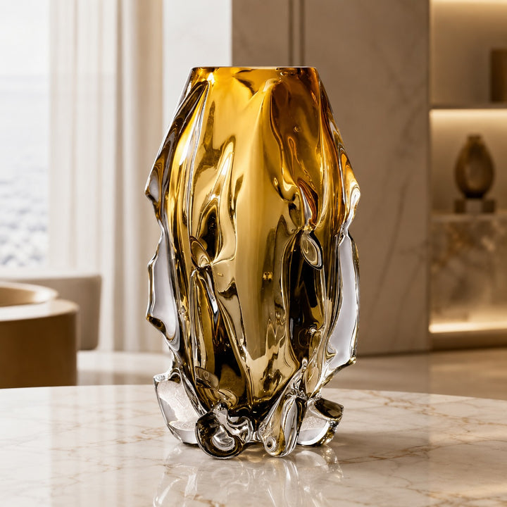 Modern Art Glass Vase Hand-Blown Crystal Decorative Piece Asymmetrical Amber Finish