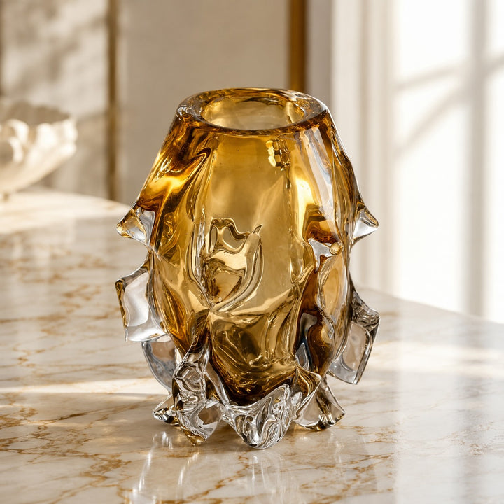 Modern Art Glass Vase Hand-Blown Crystal Decorative Piece Asymmetrical Amber Finish