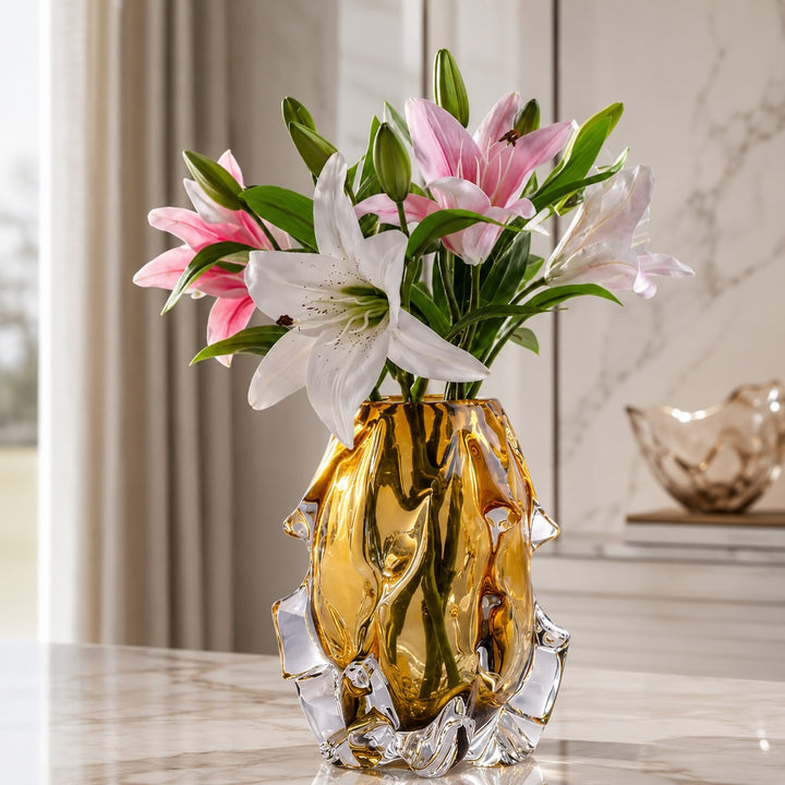 Modern Art Glass Vase Hand-Blown Crystal Decorative Piece Asymmetrical Amber Finish
