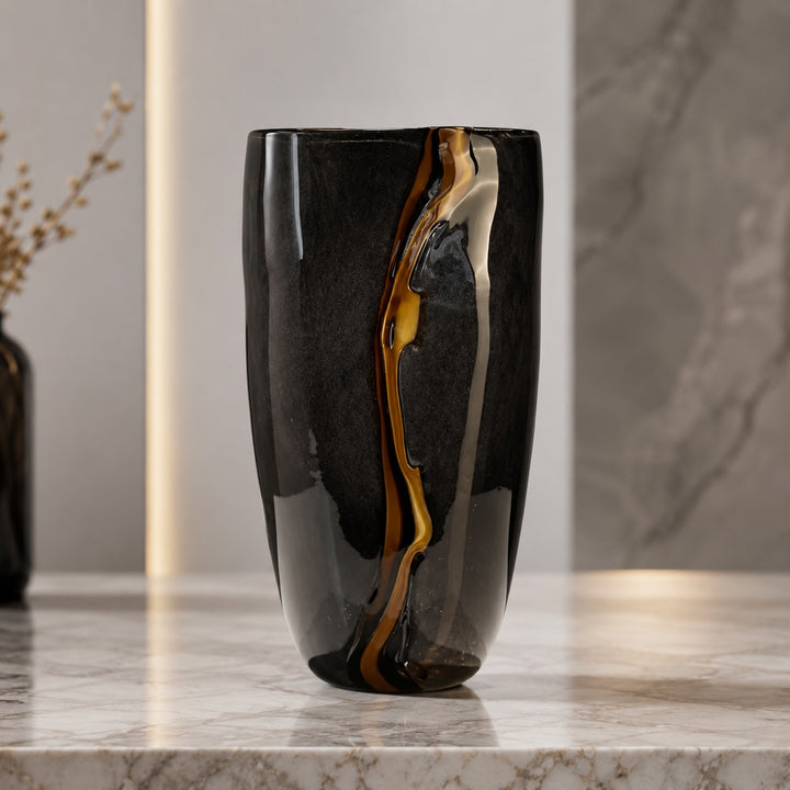 Modern Black Flower Vase Large Handblown Glass Decorative Centerpiece for Home or Office