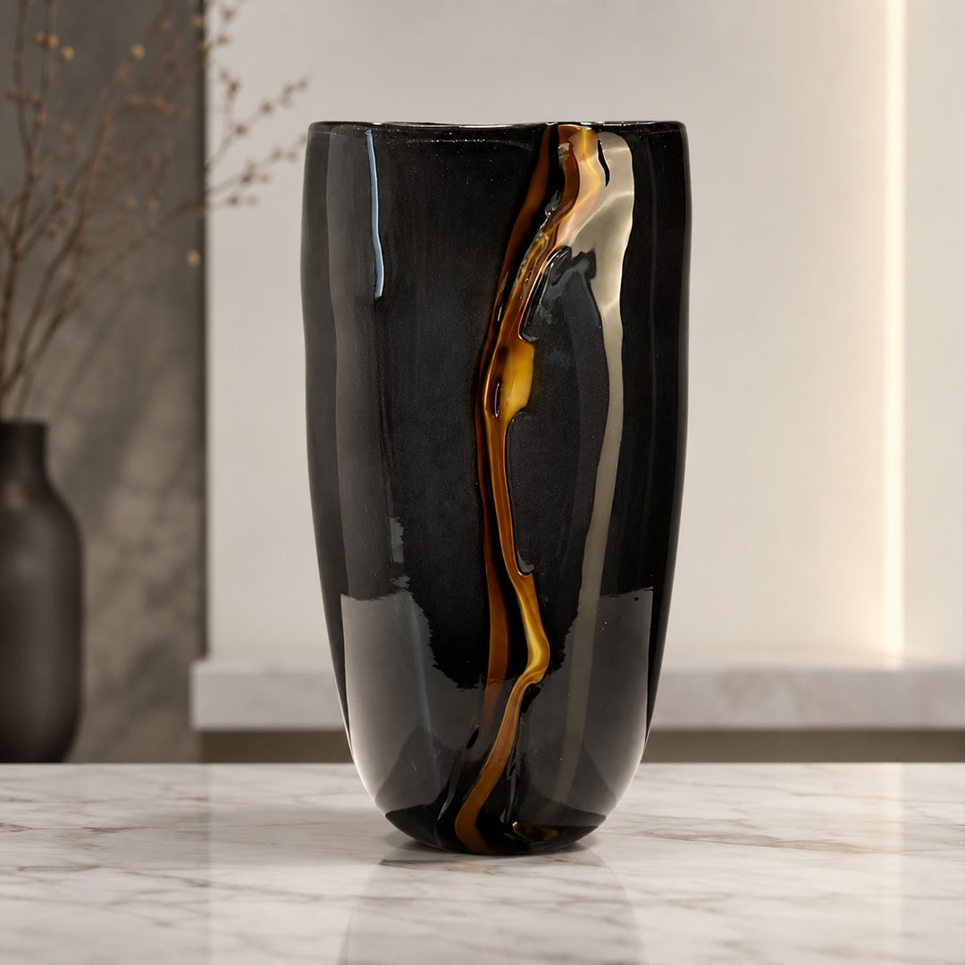 Modern Black Flower Vase Large Handblown Glass Decorative Centerpiece for Home or Office