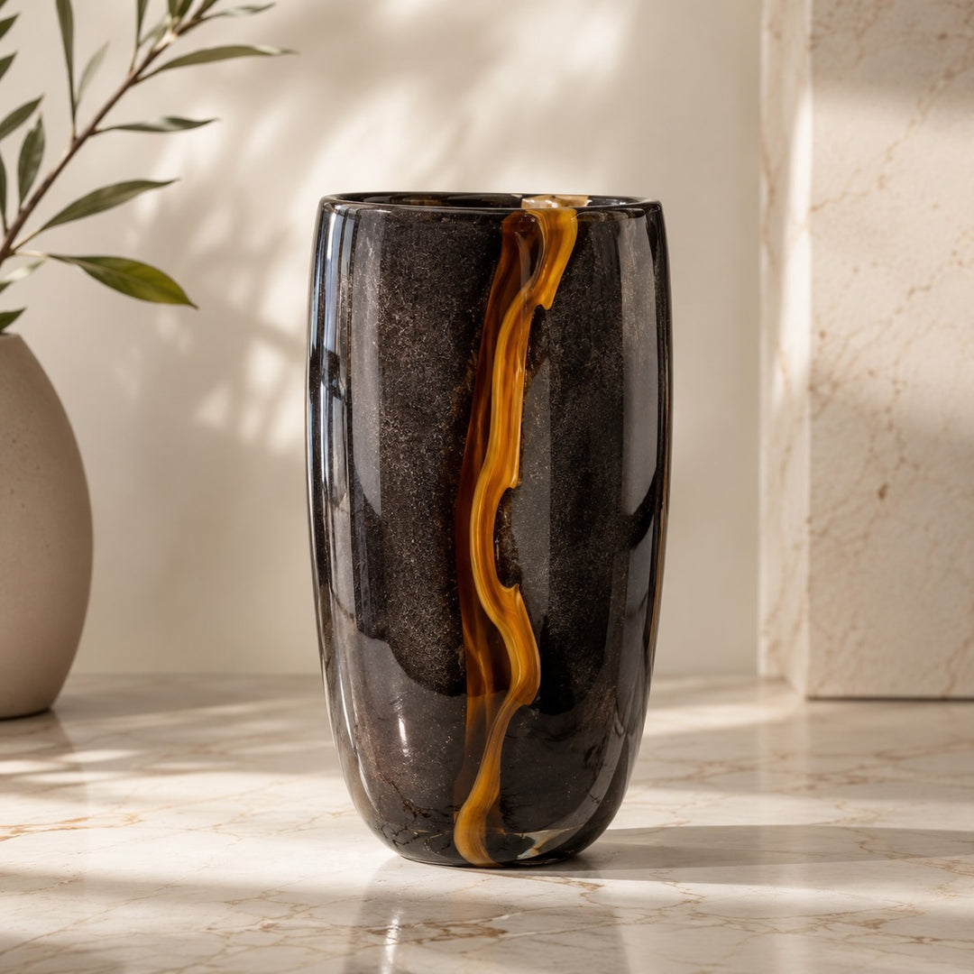 Modern Black Flower Vase Large Handblown Glass Decorative Centerpiece for Home or Office