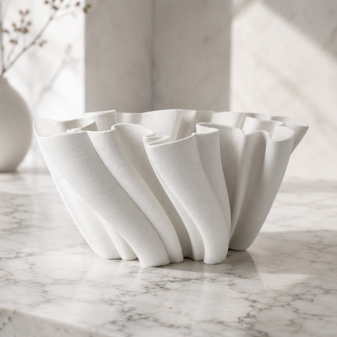 Modern White Ceramic Vase Wave Design Handcrafted Decorative Centerpiece for Home Decor