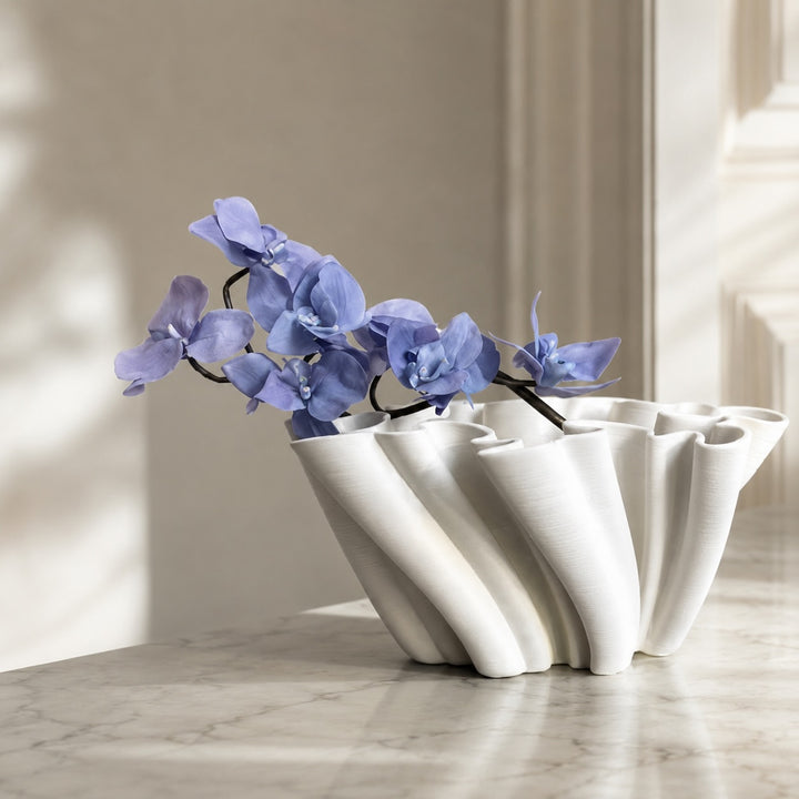 Modern White Ceramic Vase Wave Design Handcrafted Decorative Centerpiece for Home Decor