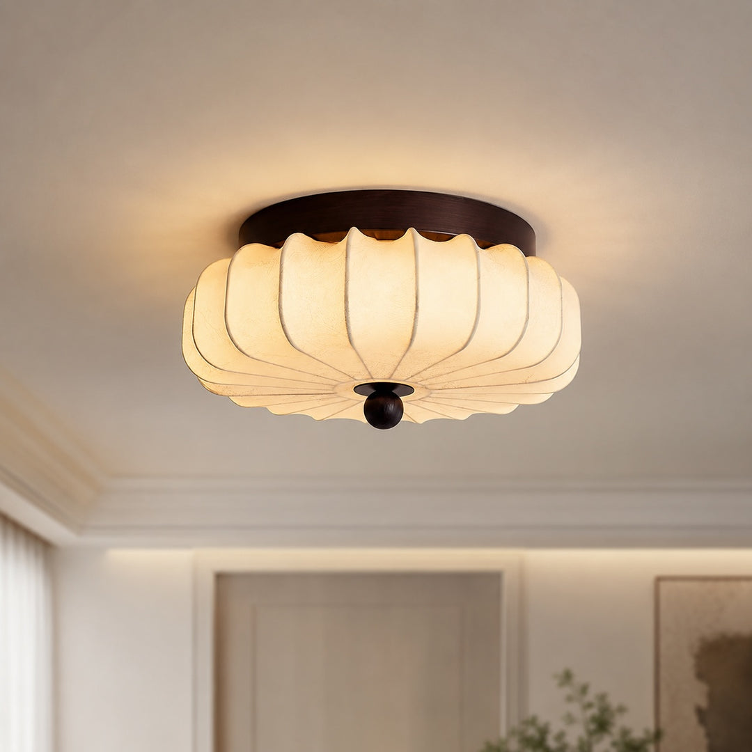 Modern Ceiling Light Adjustable Flush Mount Walnut Wood Frame LED Fabric Shade