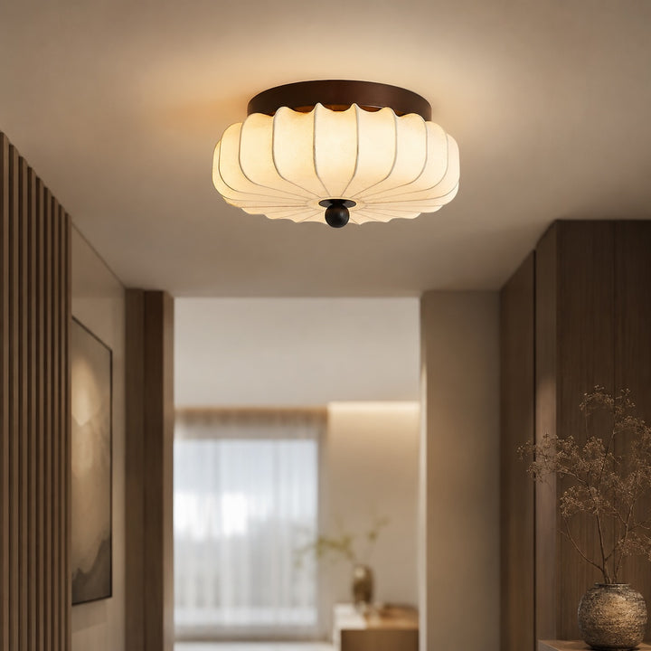 Modern Ceiling Light Adjustable Flush Mount Walnut Wood Frame LED Fabric Shade