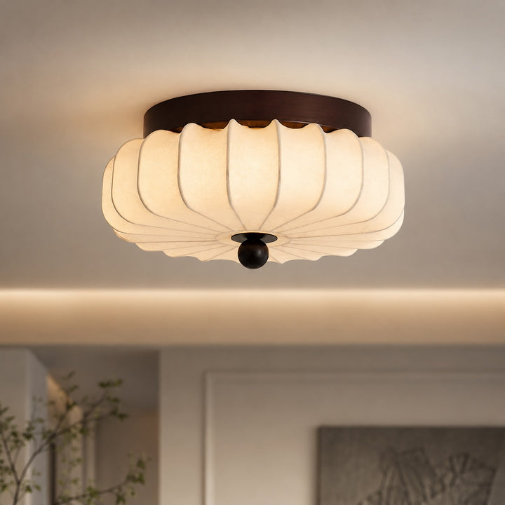 Modern Ceiling Light Adjustable Flush Mount Walnut Wood Frame LED Fabric Shade
