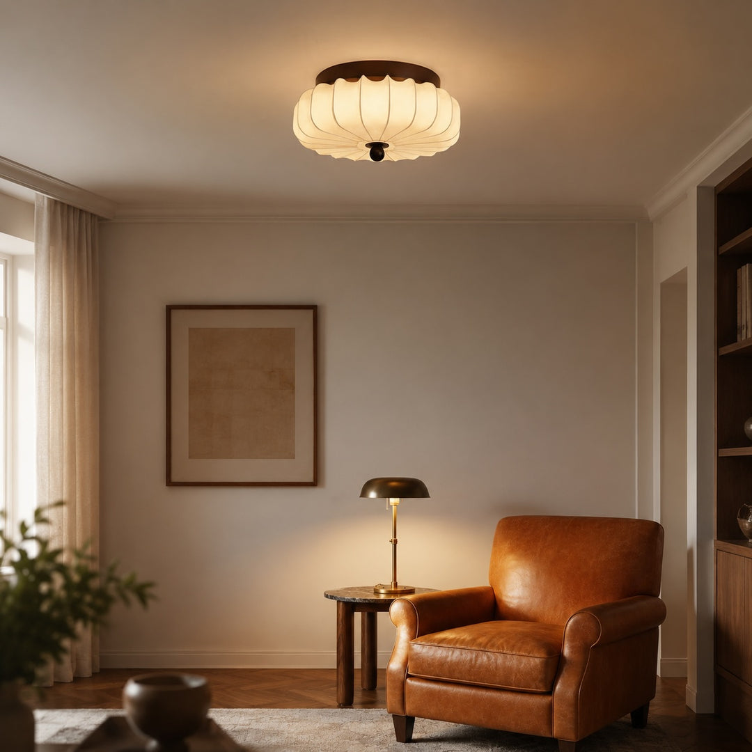 Modern Ceiling Light Adjustable Flush Mount Walnut Wood Frame LED Fabric Shade