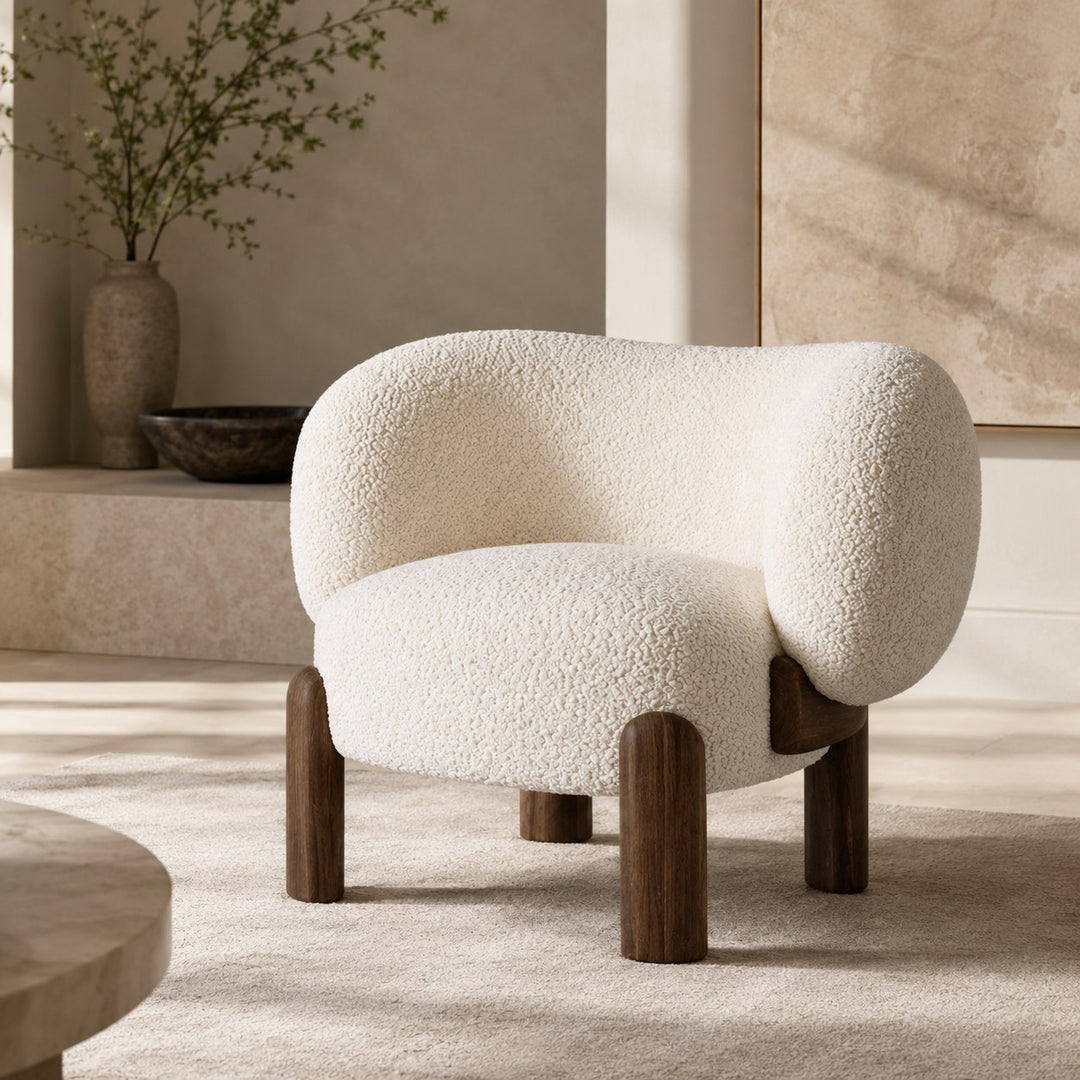 Contemporary Small Armchair with Curved Backrest Solid Wood Base Upholstered Seat Compact Design