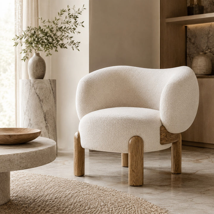 Contemporary Small Armchair with Curved Backrest Solid Wood Base Upholstered Seat Compact Design