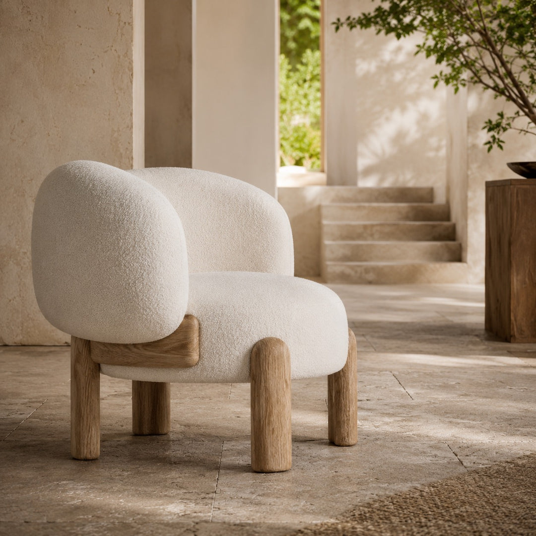 Contemporary Small Armchair with Curved Backrest Solid Wood Base Upholstered Seat Compact Design
