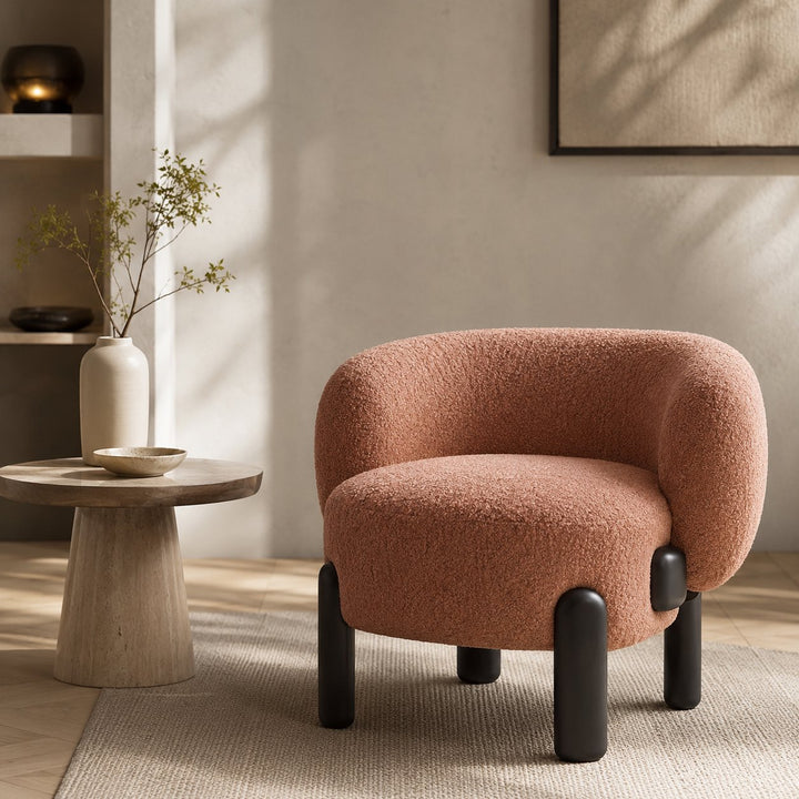 Contemporary Small Armchair with Curved Backrest Solid Wood Base Upholstered Seat Compact Design