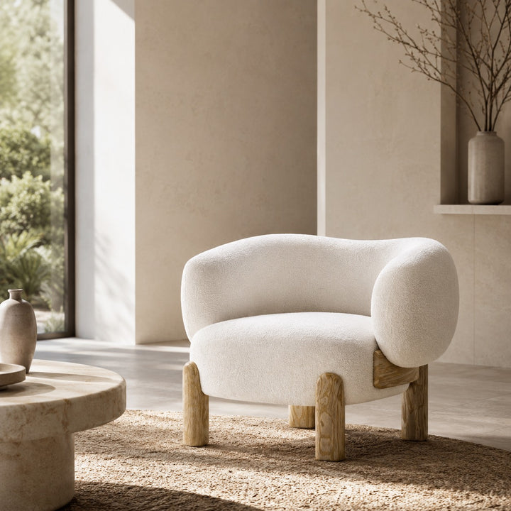Contemporary Small Armchair with Curved Backrest Solid Wood Base Upholstered Seat Compact Design