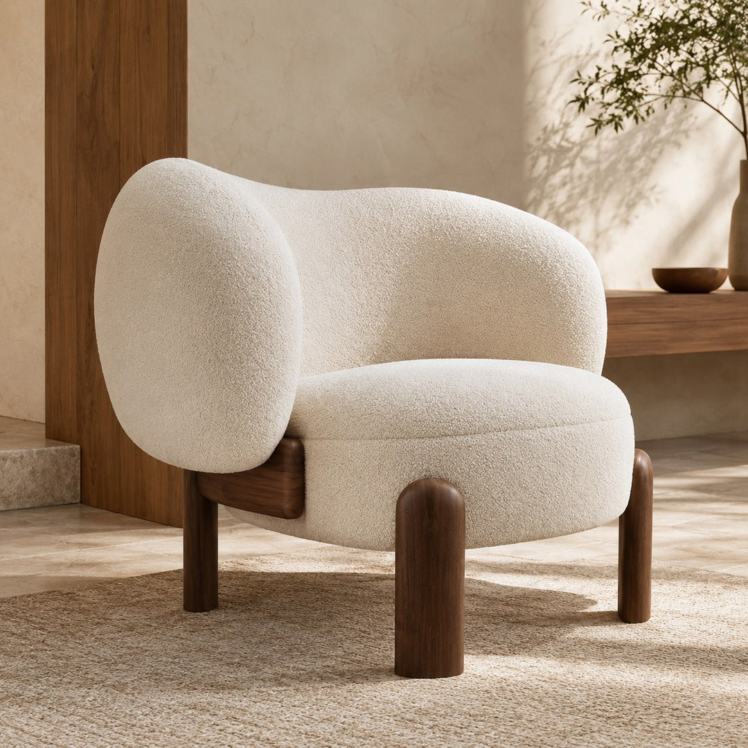Contemporary Small Armchair with Curved Backrest Solid Wood Base Upholstered Seat Compact Design
