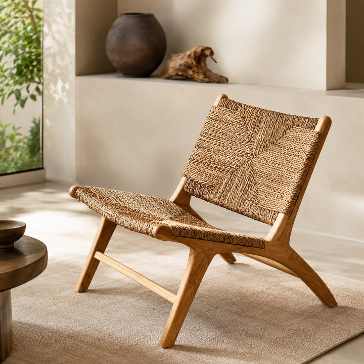 Nordic Single Sofa Chair Solid Ash Wood Frame Handwoven Vine Relaxed Recline Design