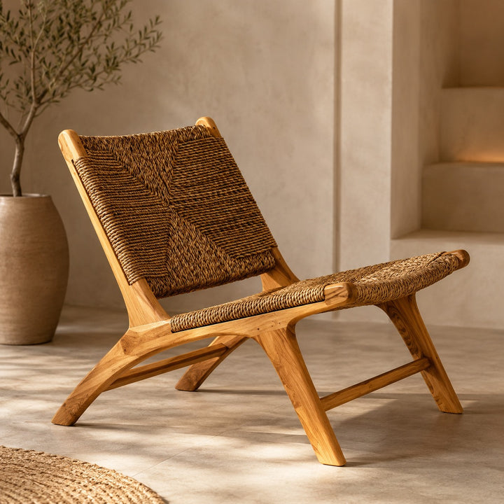 Nordic Single Sofa Chair Solid Ash Wood Frame Handwoven Vine Relaxed Recline Design