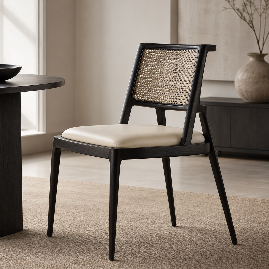 Modern Dining Chair with Woven Backrest Solid Wood Frame Upholstered Seat for Comfort