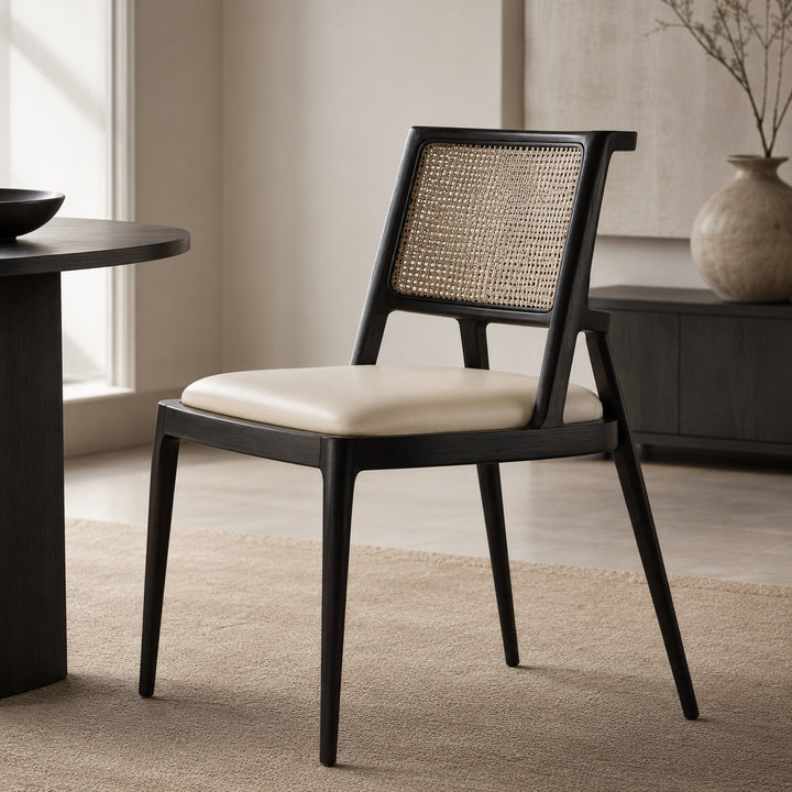 Modern Dining Chair with Woven Backrest Solid Wood Frame Upholstered Seat for Comfort