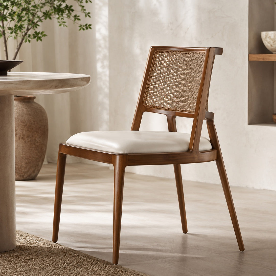 Modern Dining Chair with Woven Backrest Solid Wood Frame Upholstered Seat for Comfort