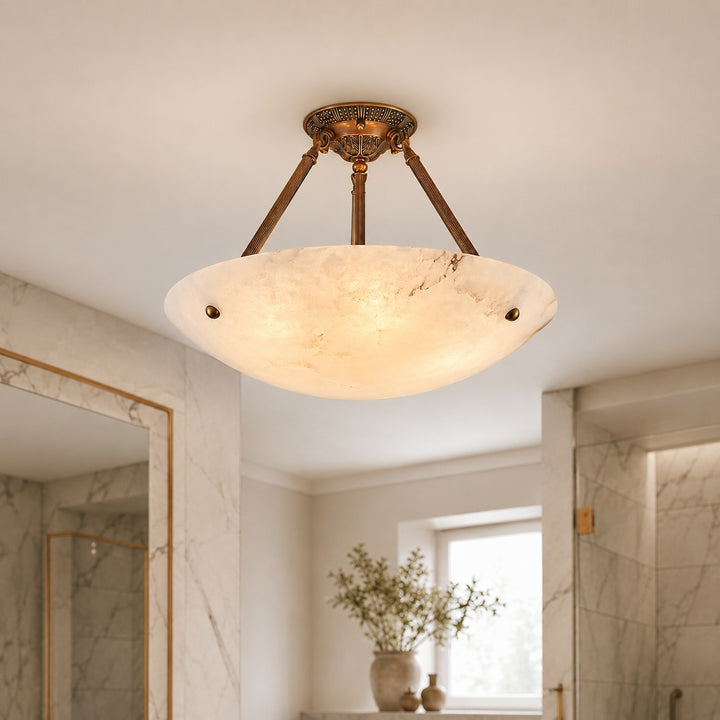 Modern Alabaster Bowl Ceiling Light Flush Mount Aged Brass Frame LED Warm White Shade