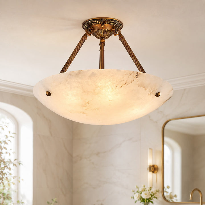 Modern Alabaster Bowl Ceiling Light Flush Mount Aged Brass Frame LED Warm White Shade