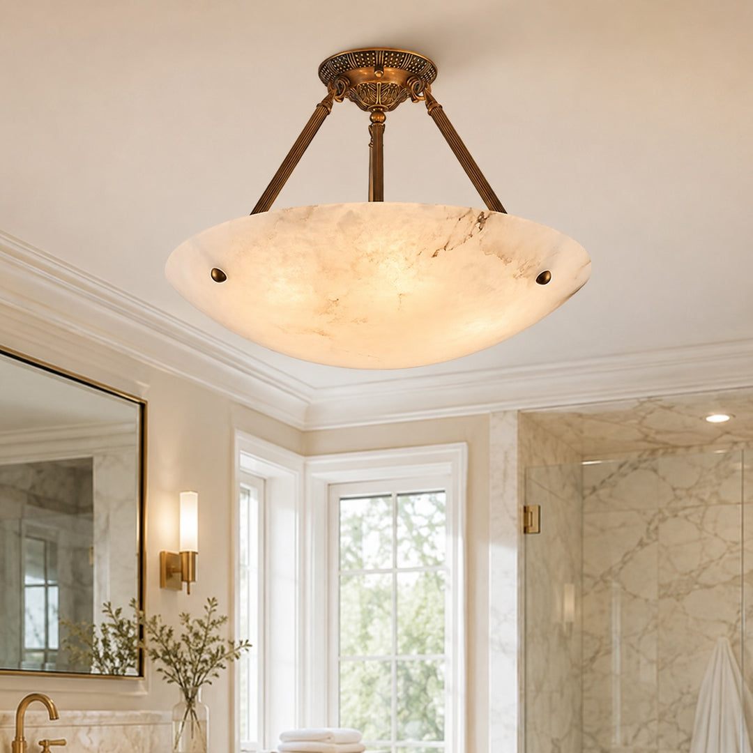 Modern Alabaster Bowl Ceiling Light Flush Mount Aged Brass Frame LED Warm White Shade