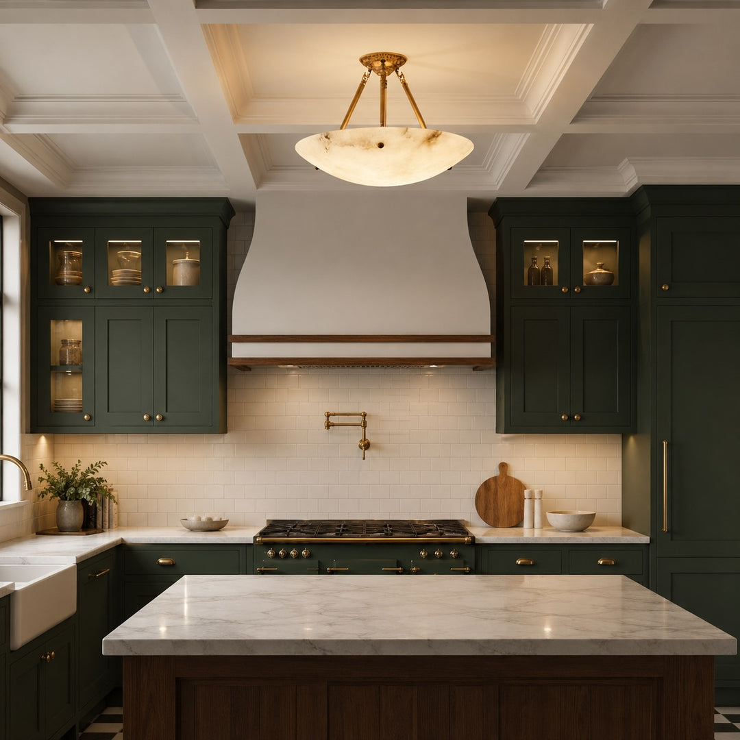 Modern Alabaster Bowl Ceiling Light Flush Mount Aged Brass Frame LED Warm White Shade