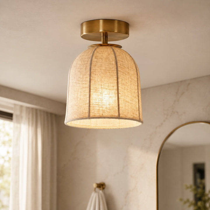 Rustic Flush Mount Ceiling Light with Linen Shade and Warm Gold Accents for Bedroom Lighting