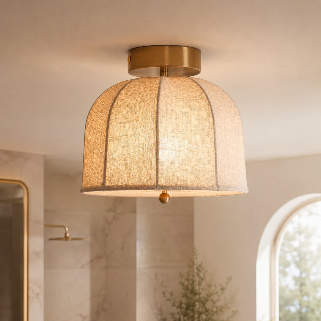 Rustic Flush Mount Ceiling Light with Linen Shade and Warm Gold Accents for Bedroom Lighting
