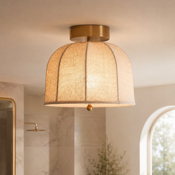 Rustic Flush Mount Ceiling Light with Linen Shade and Warm Gold Accents for Bedroom Lighting
