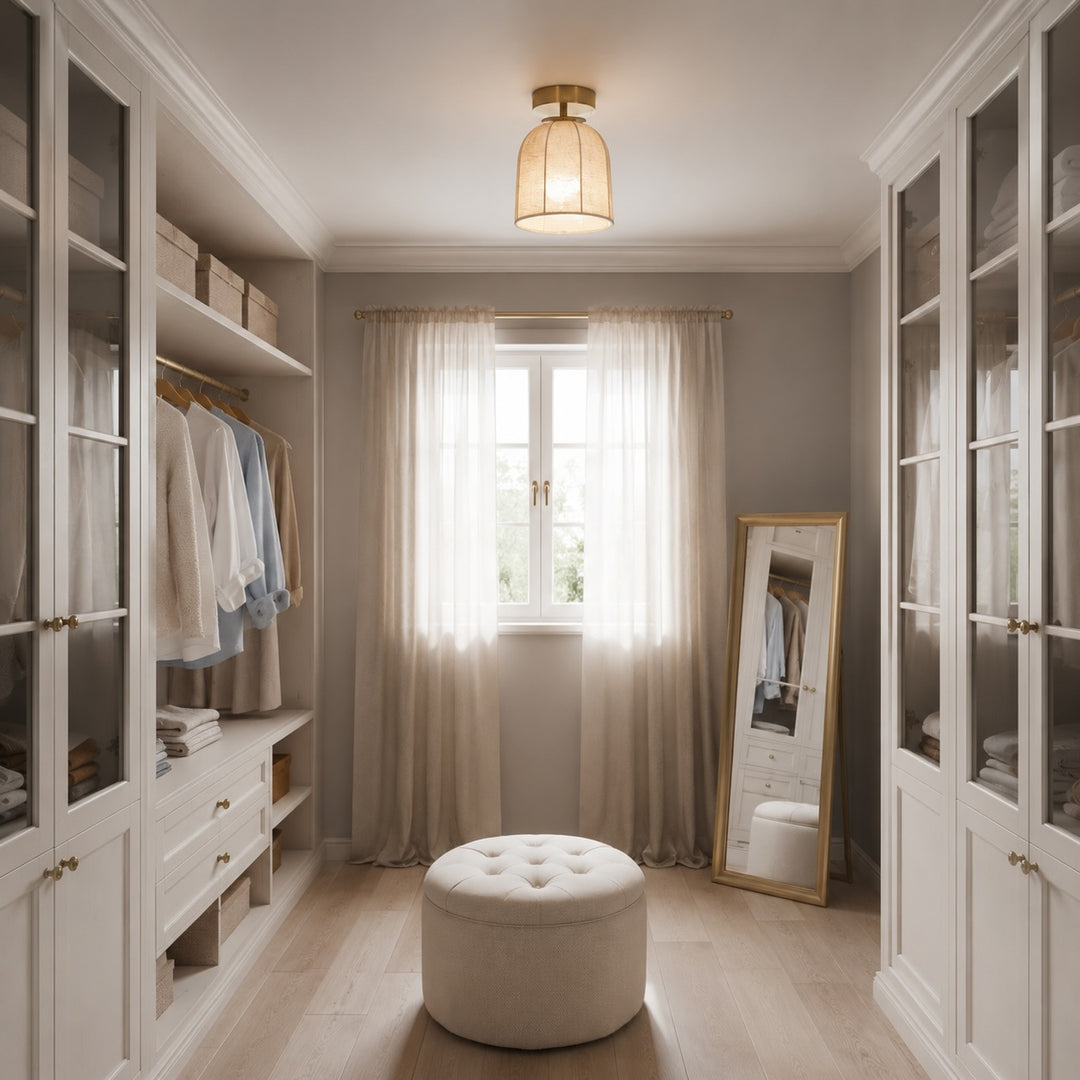 Rustic Flush Mount Ceiling Light with Linen Shade and Warm Gold Accents for Bedroom Lighting
