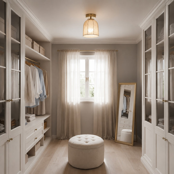 Rustic Flush Mount Ceiling Light with Linen Shade and Warm Gold Accents for Bedroom Lighting