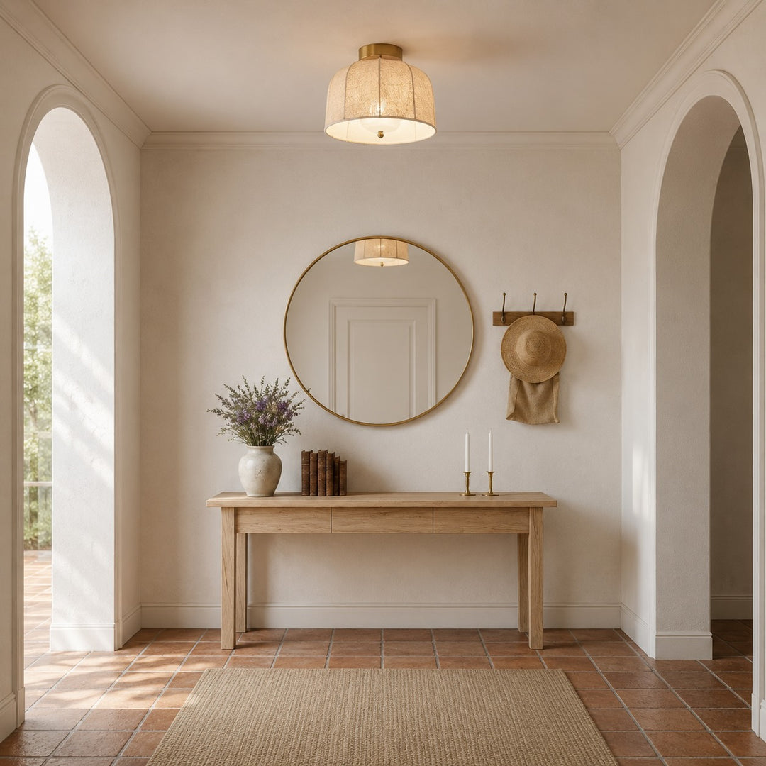 Rustic Flush Mount Ceiling Light with Linen Shade and Warm Gold Accents for Bedroom Lighting