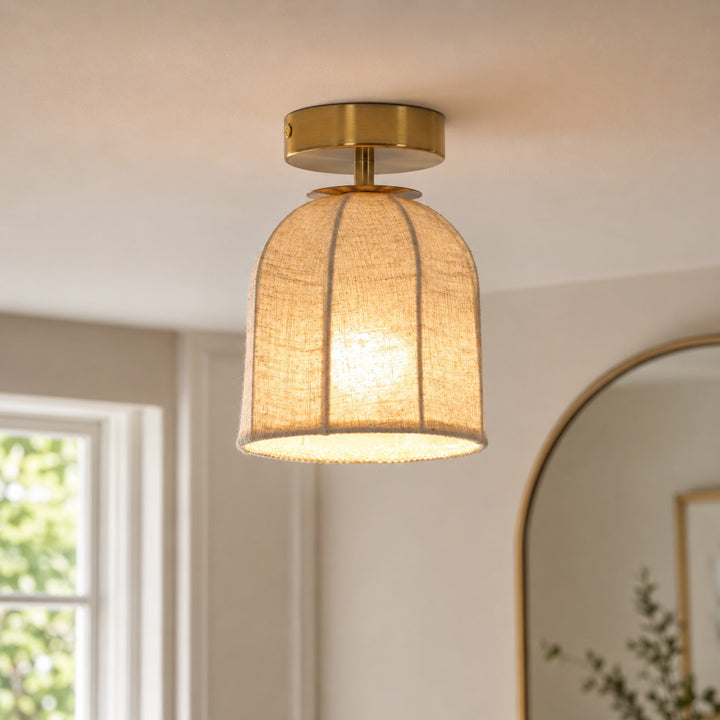 Rustic Flush Mount Ceiling Light with Linen Shade and Warm Gold Accents for Bedroom Lighting