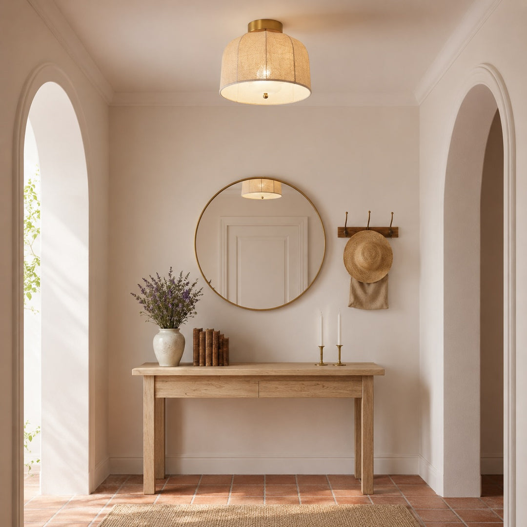 Rustic Flush Mount Ceiling Light with Linen Shade and Warm Gold Accents for Bedroom Lighting