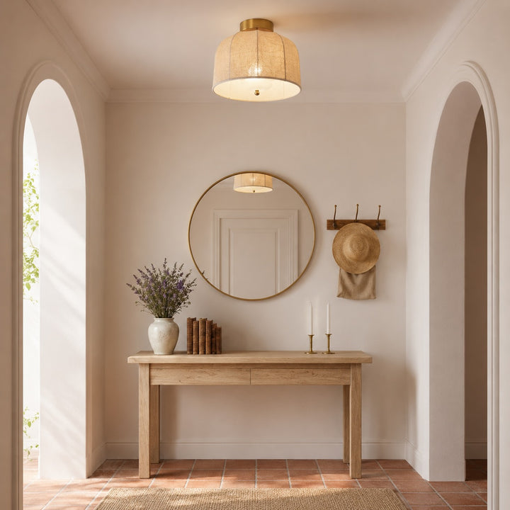 Rustic Flush Mount Ceiling Light with Linen Shade and Warm Gold Accents for Bedroom Lighting