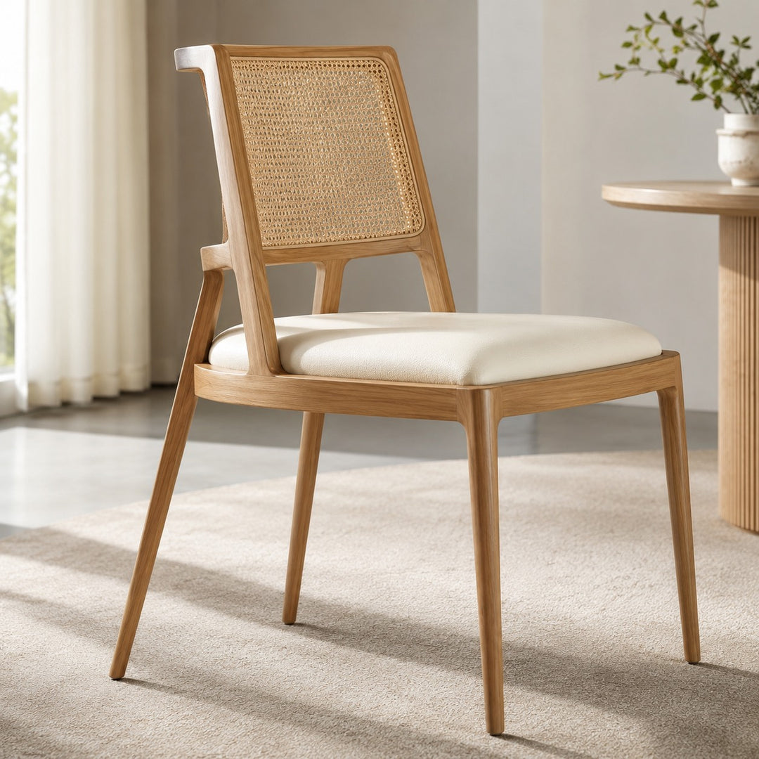 Modern Dining Chair with Woven Backrest Solid Wood Frame Upholstered Seat for Comfort