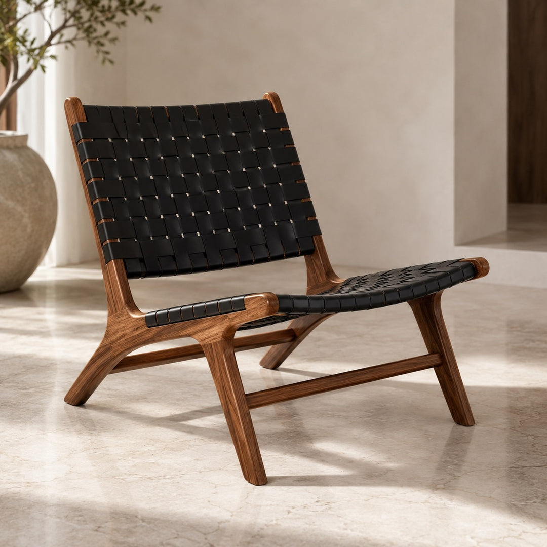 Modern Woven Leather Accent Chair with Solid Wood Frame and 107-Degree Recline