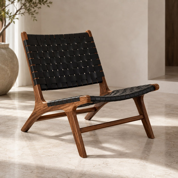 Modern Woven Leather Accent Chair with Solid Wood Frame and 107-Degree Recline