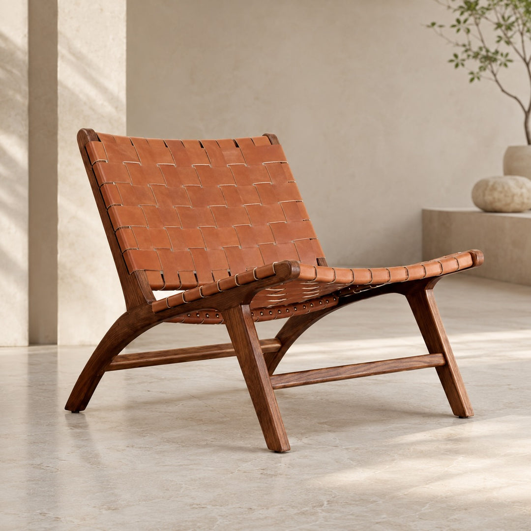 Modern Woven Leather Accent Chair with Solid Wood Frame and 107-Degree Recline