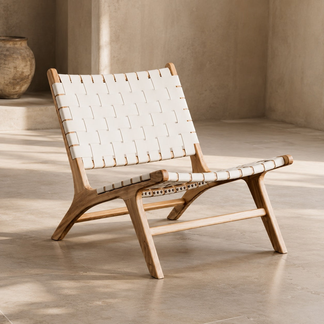 Modern Woven Leather Accent Chair with Solid Wood Frame and 107-Degree Recline