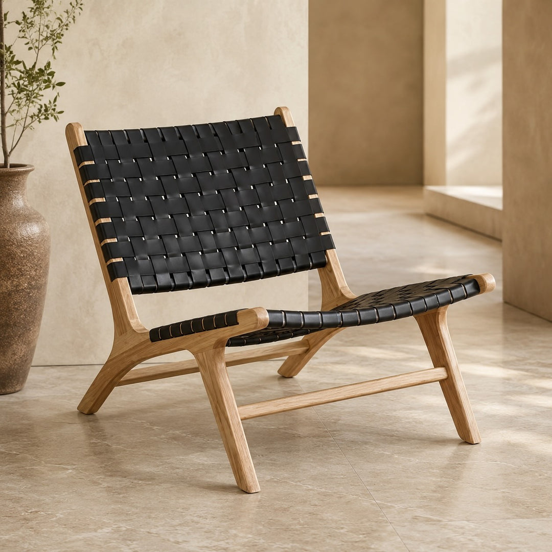 Modern Woven Leather Accent Chair with Solid Wood Frame and 107-Degree Recline