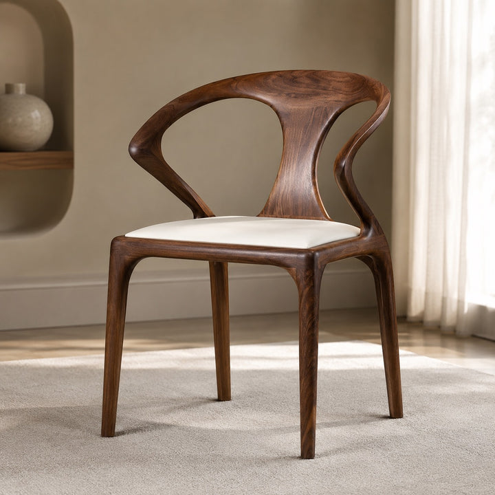 Modern Dining Chair with Sculpted Backrest Cushioned Seat in Walnut Veneer for Dining Room