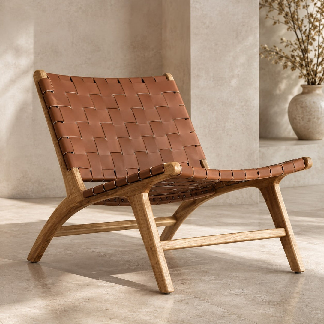 Modern Woven Leather Accent Chair with Solid Wood Frame and 107-Degree Recline