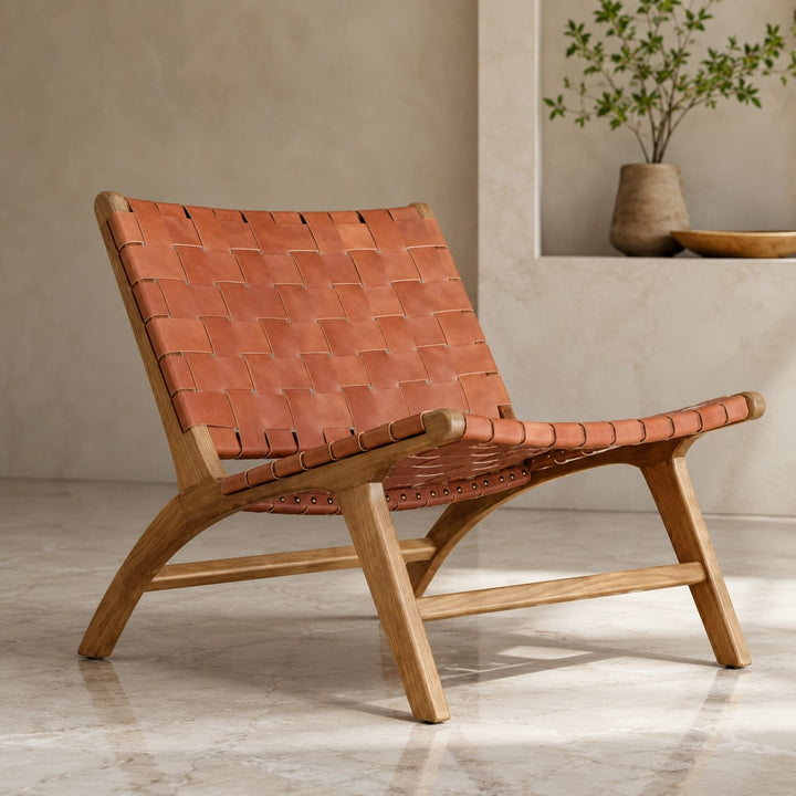 Modern Woven Leather Accent Chair with Solid Wood Frame and 107-Degree Recline
